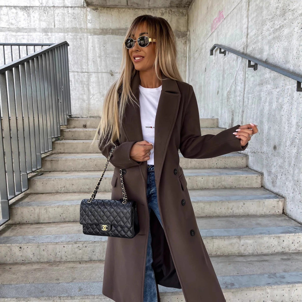 Fern | Womens Longline Lapel Winter Coat, Coffee