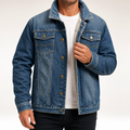 Ferris | Mens Denim Jacket Fleece Lined Warm Winter Trucker Jacket, Dark Blue