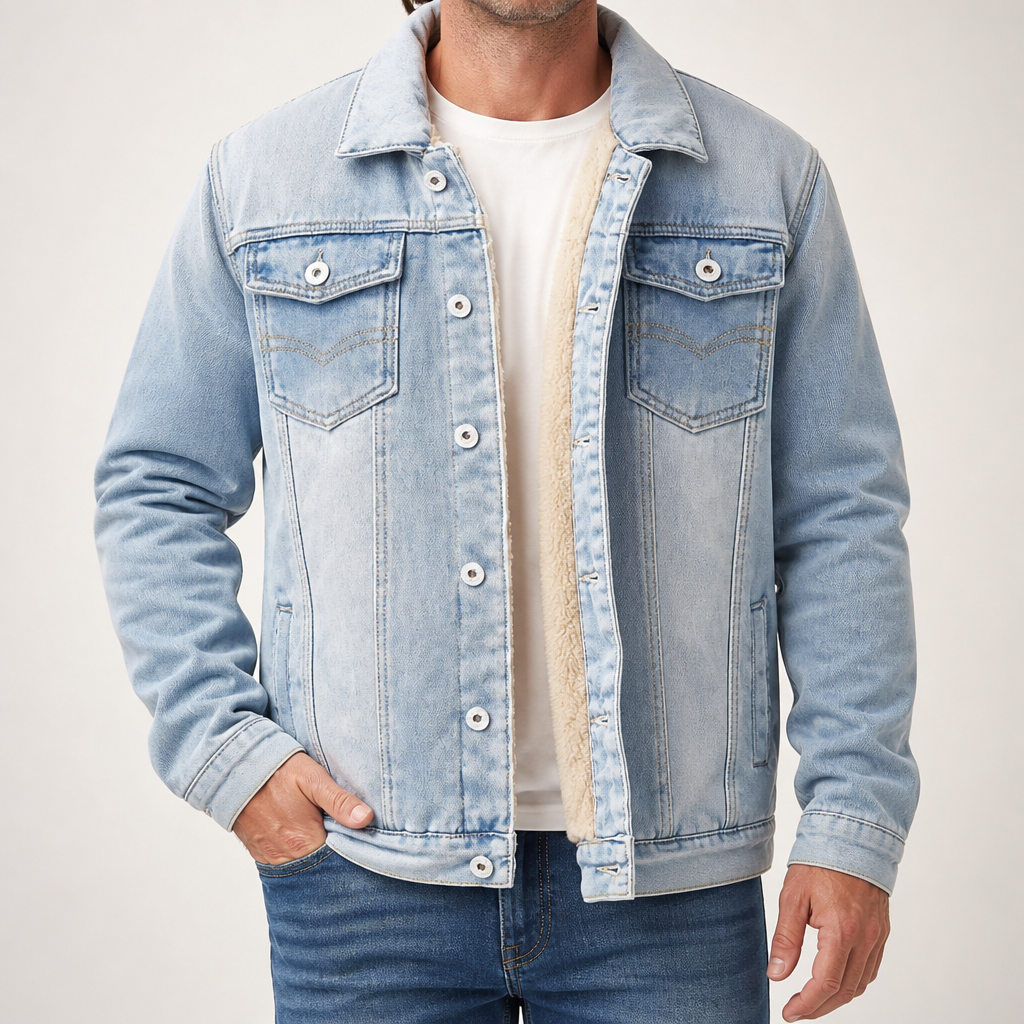 Ferris | Mens Denim Jacket Fleece Lined Warm Winter Trucker Jacket, Light Blue