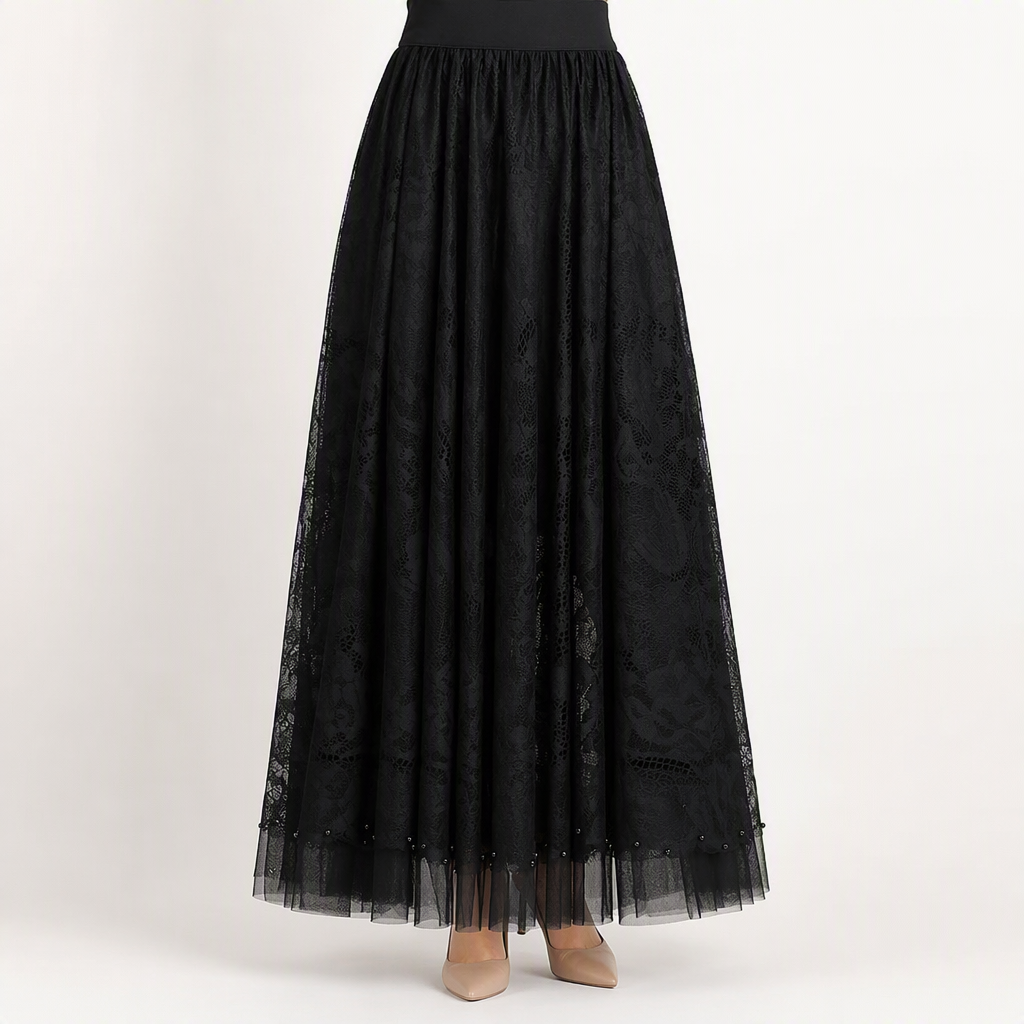 Finnian | Womens Maxi Skirt A Line High Waisted Beaded Tulle Long Skirt, Black