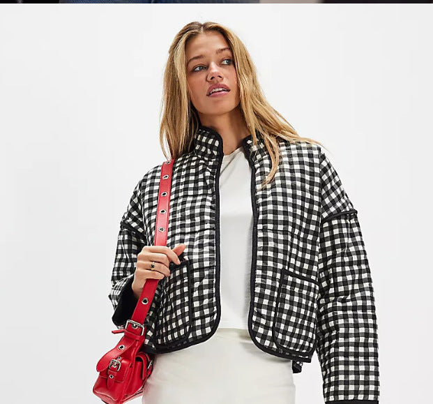 Fleur | Womens Printed Padded Cotton Lightweight Jacket - Black And White Grid