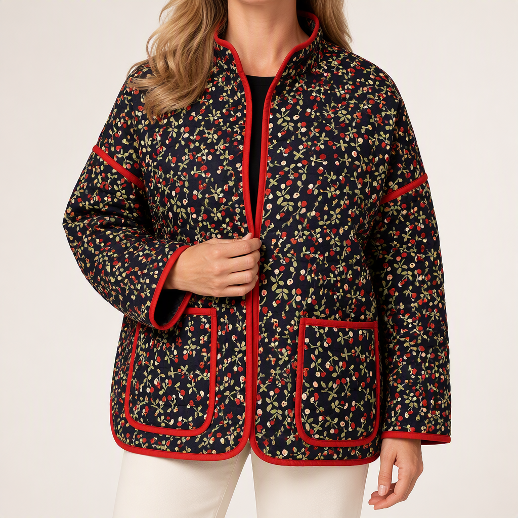 Fleur | Womens Padded Jacket Printed Cotton Lightweight Warm Jacket, Black