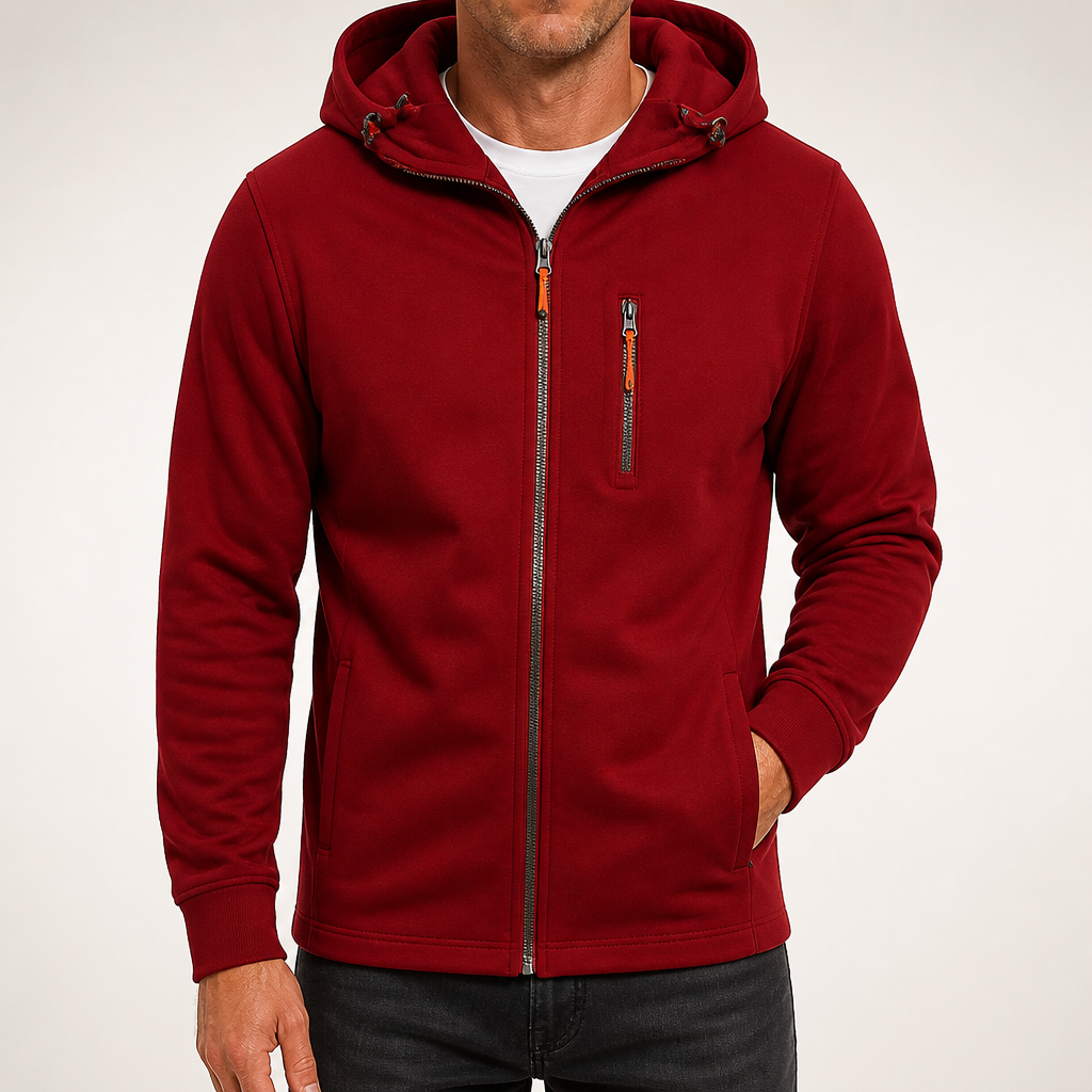 Flynn | Mens Jacket Zip Up Hooded Sports Lightweight Jacket, Wine Red