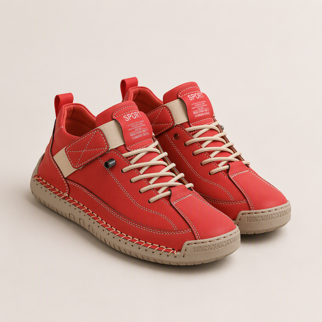 Frankie | Womens Trainers Leather Low Top Retro Flat Sneakers, Red