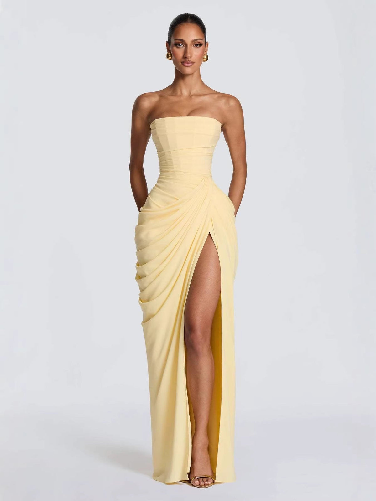 Freya | Womens Strapless Pleated Slit Maxi Wedding Guest Black Tie Summer Dresses - 2