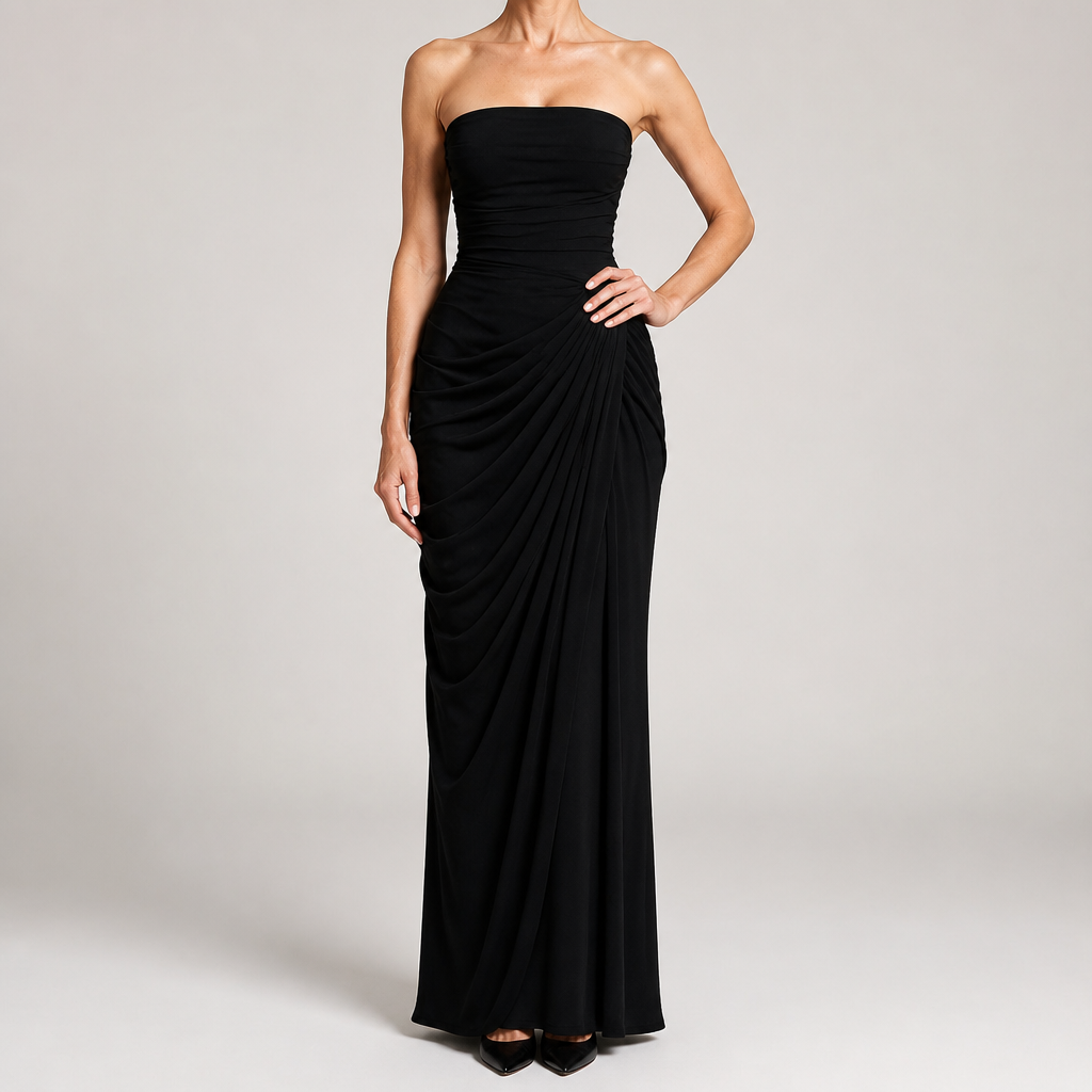 Freya | Womens Strapless Pleated Slit Maxi Wedding Guest Black Tie Summer Dresses, Black
