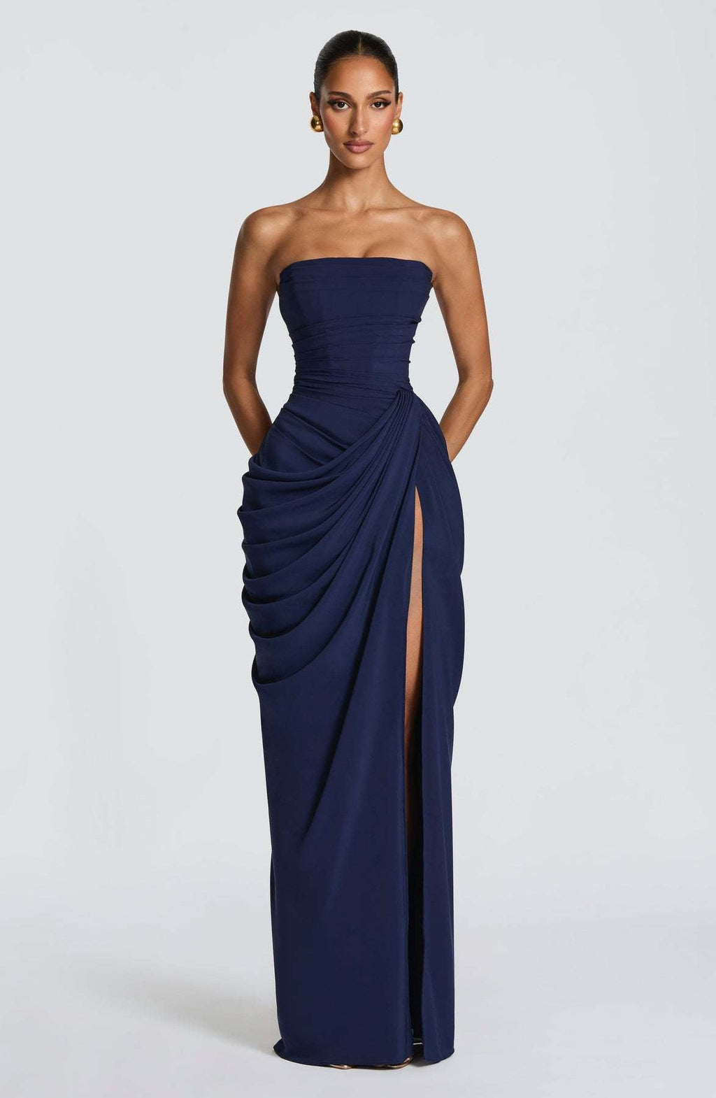 Freya | Womens Strapless Pleated Slit Maxi Wedding Guest Black Tie Summer Dresses - Dark Blue