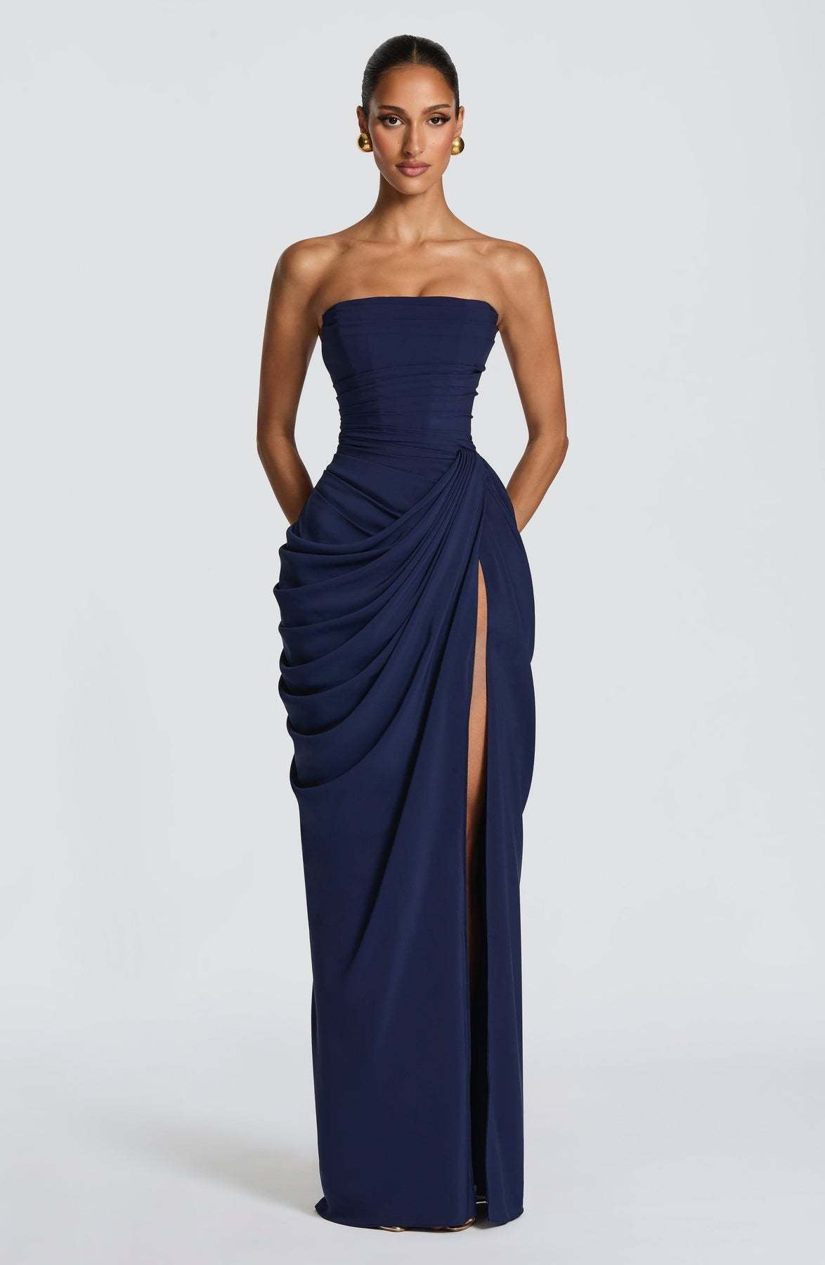 Freya | Womens Strapless Pleated Slit Maxi Wedding Guest Black Tie Summer Dresses - Dark Blue