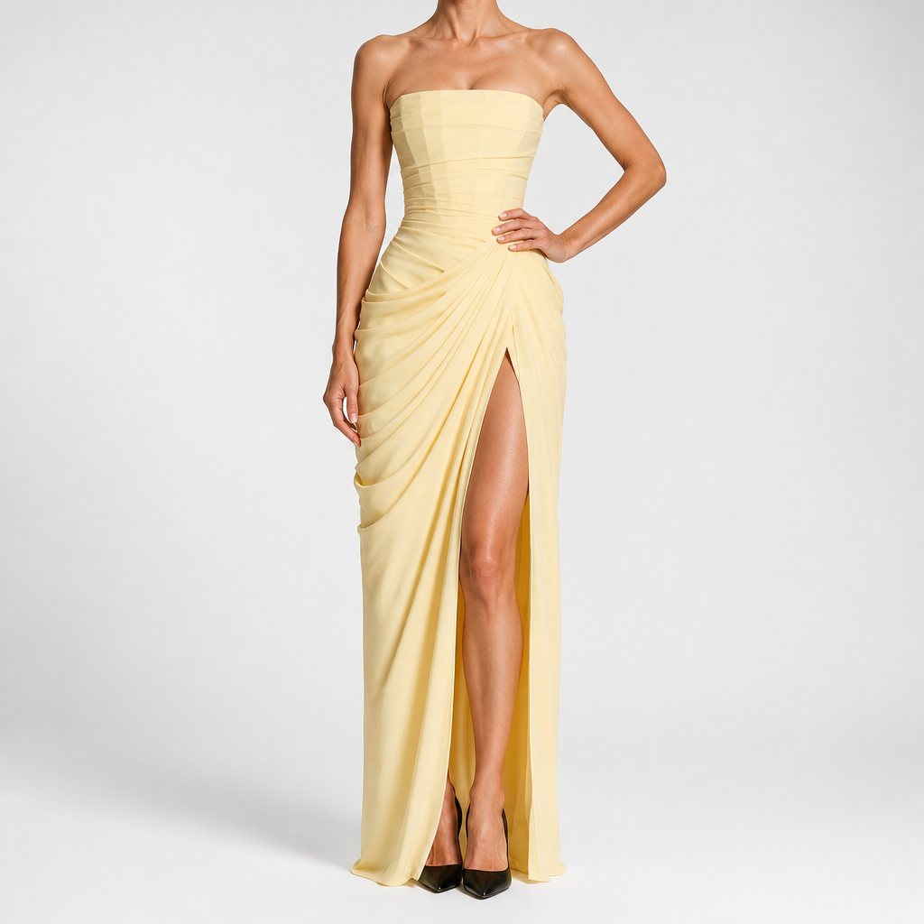 Freya | Womens Strapless Pleated Slit Maxi Wedding Guest Black Tie Summer Dresses, Light Yellow