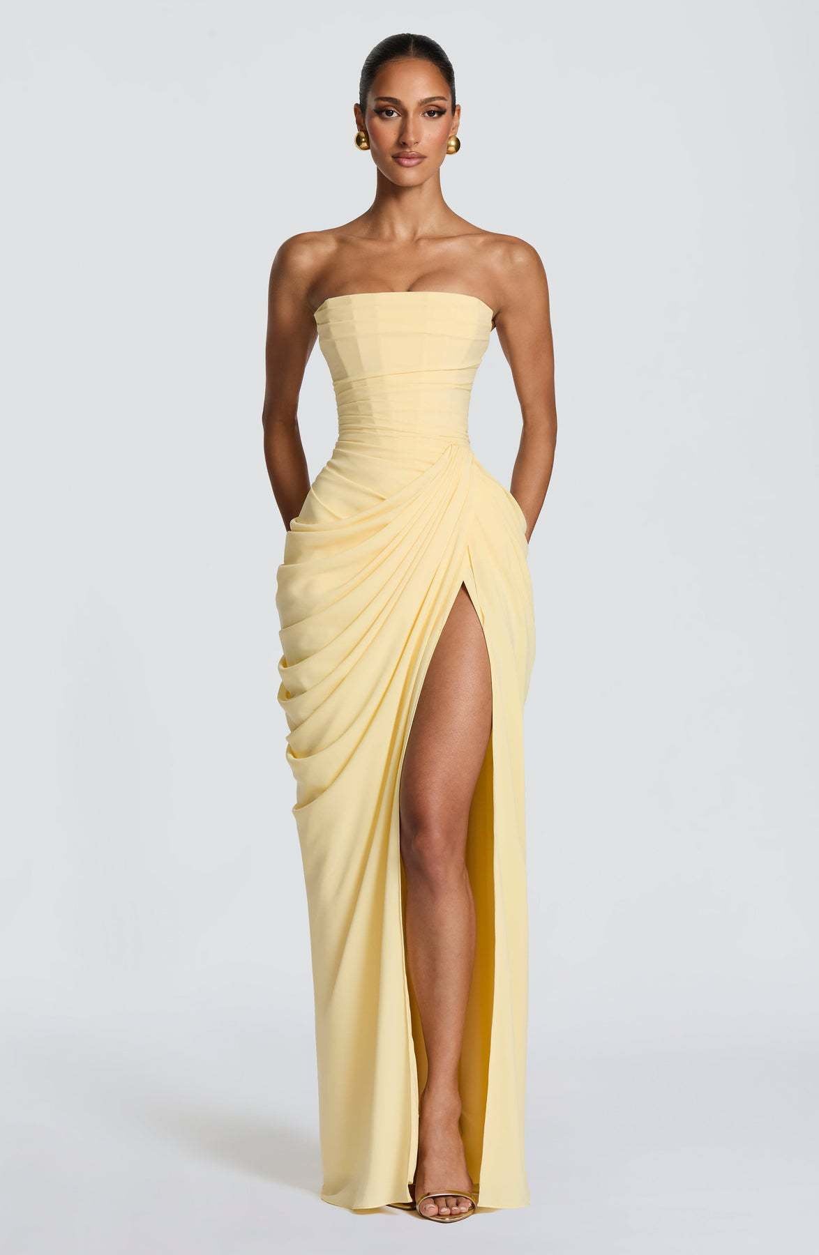 Freya | Womens Strapless Pleated Slit Maxi Wedding Guest Black Tie Summer Dresses - Light Yellow