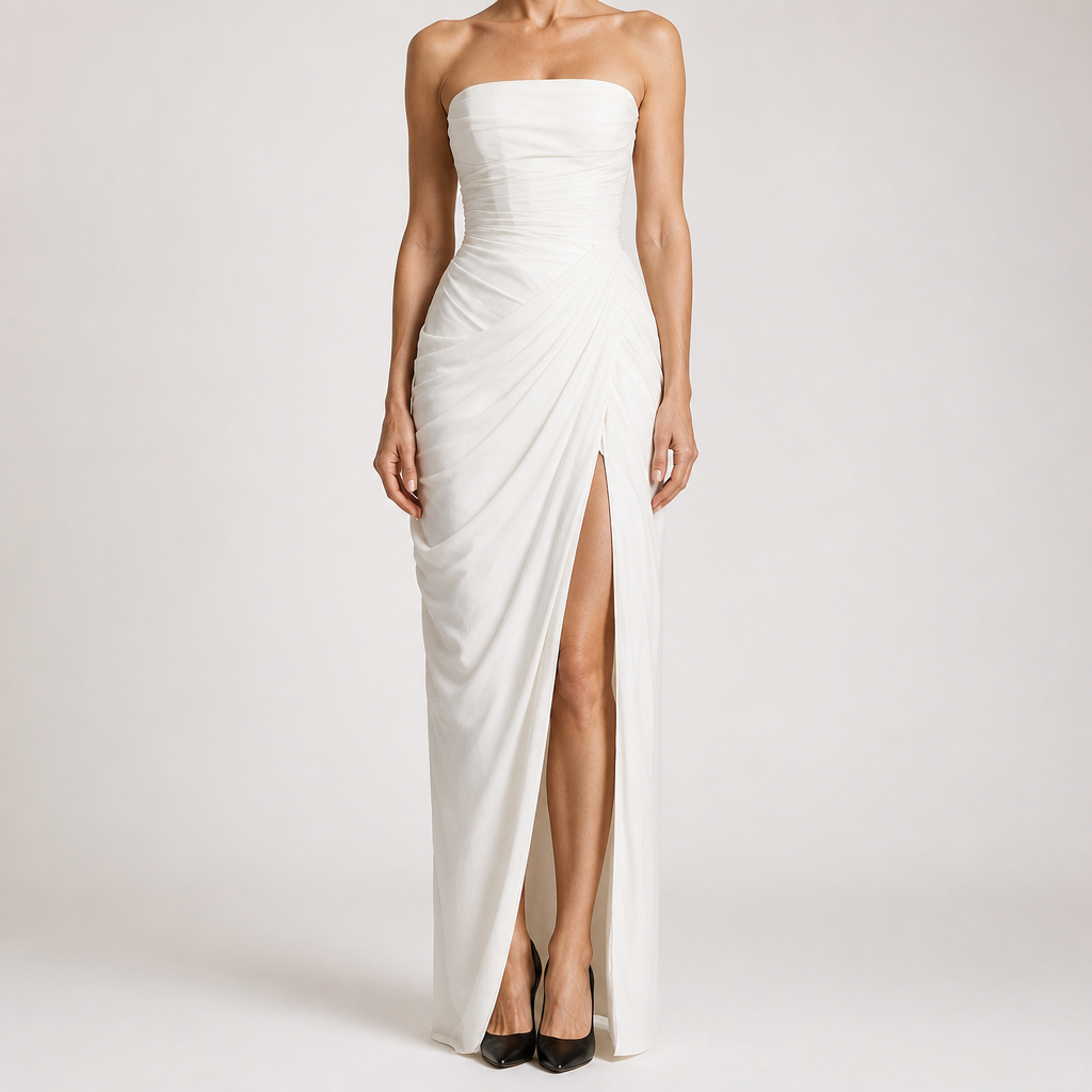 Freya | Womens Strapless Pleated Slit Maxi Wedding Guest Black Tie Summer Dresses, White