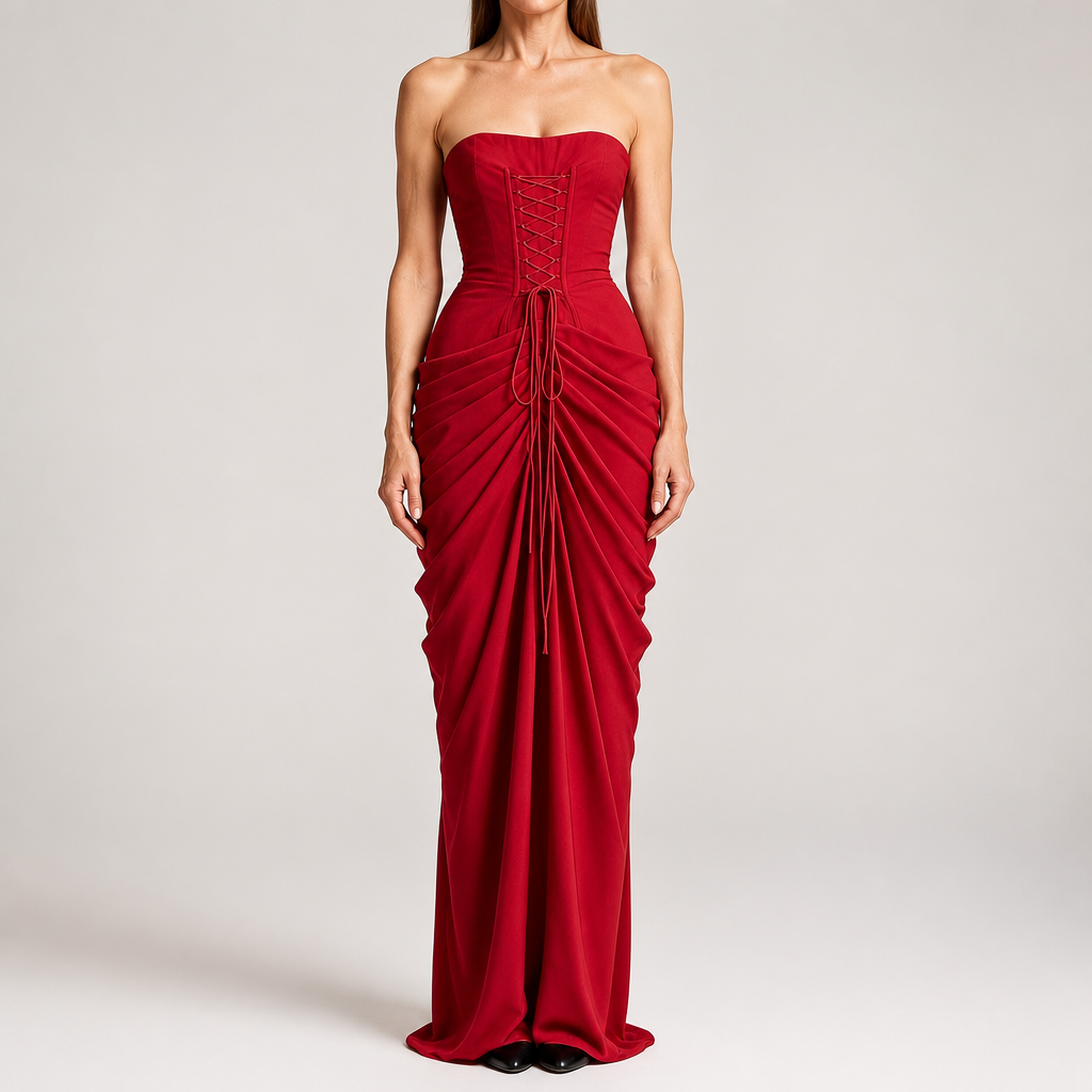 Freya | Womens Strapless Pleated Slit Maxi Wedding Guest Black Tie Summer Dresses, Wine Red