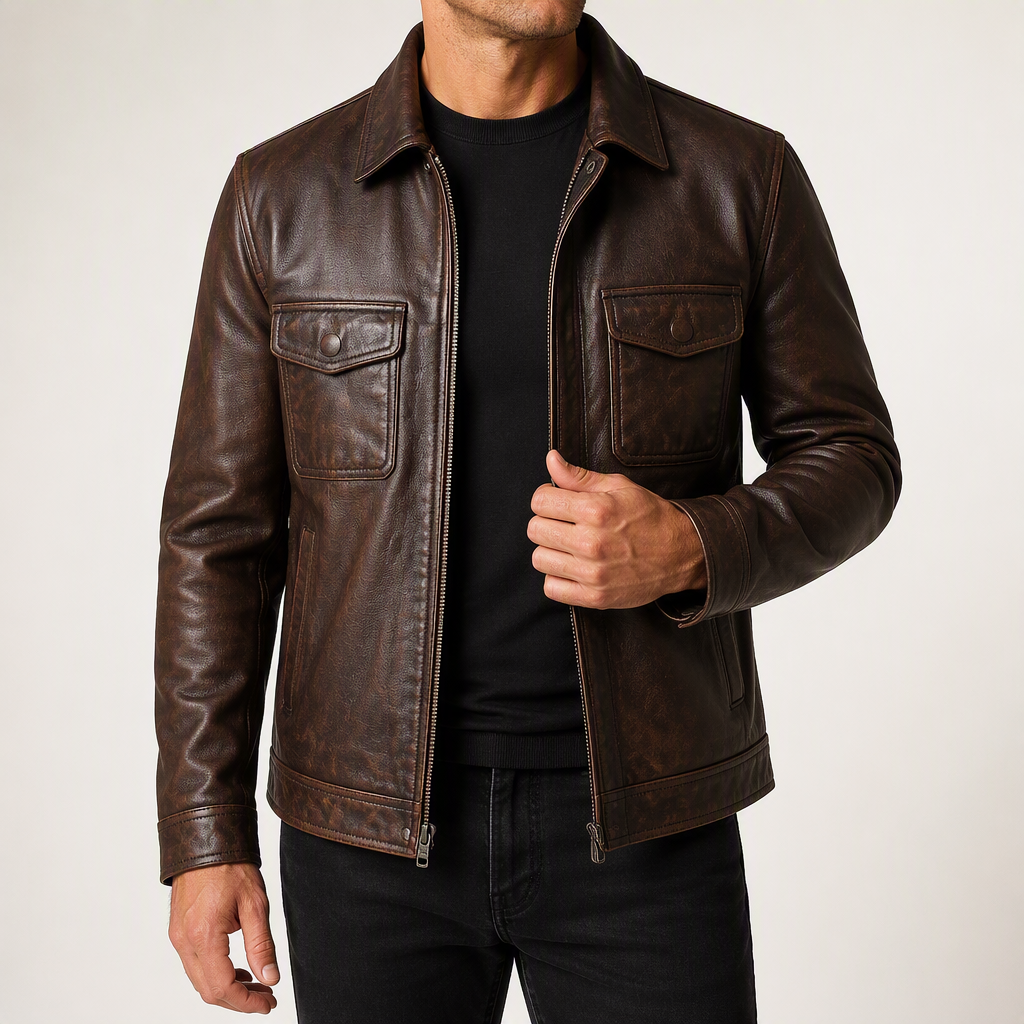 Garrick | Mens Leather Jacket Stand Collar Motorcycle Biker Jacket, Brown