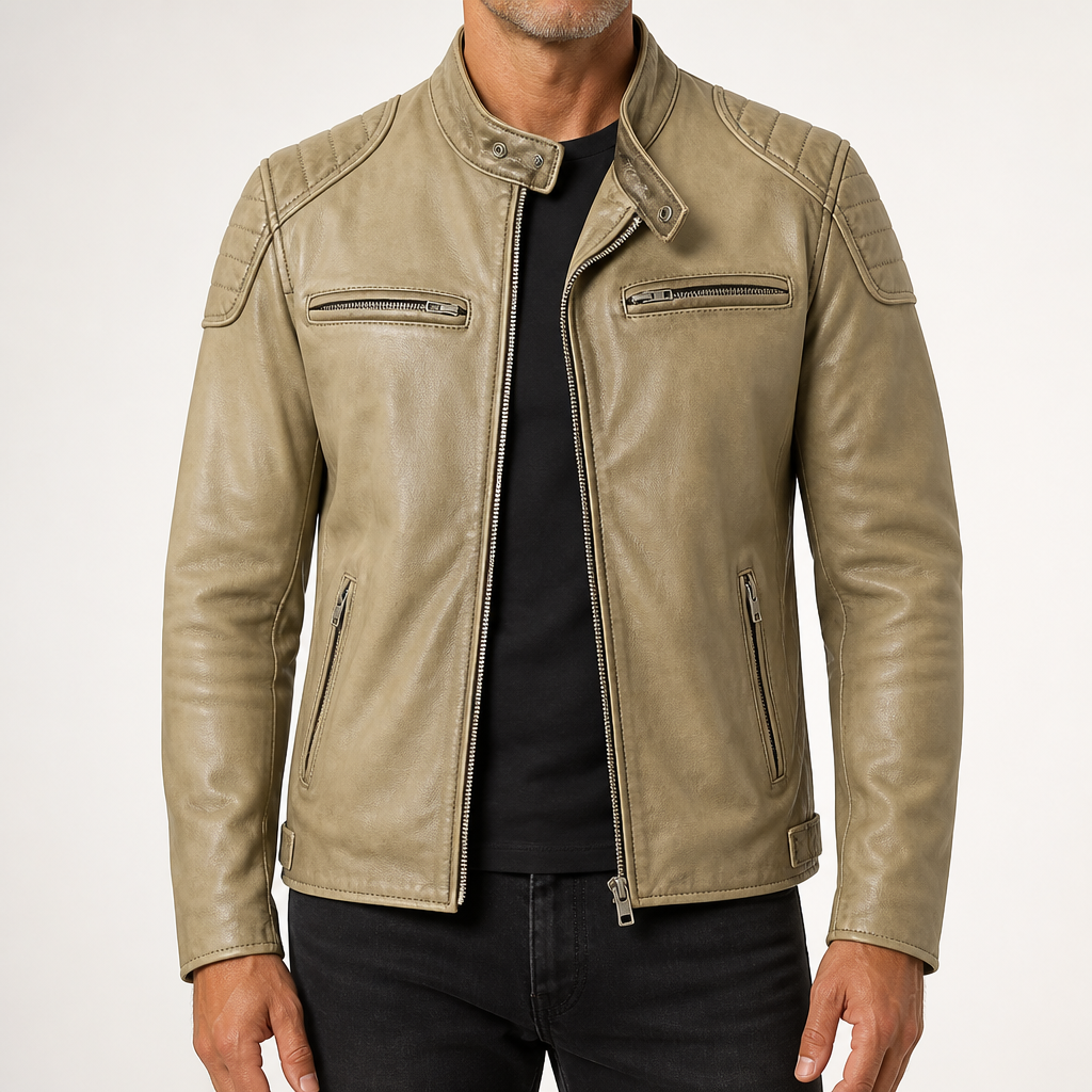 Garrick | Mens Leather Jacket Stand Collar Motorcycle Biker Jacket, Khaki 2