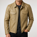 Garrick | Mens Leather Jacket Stand Collar Motorcycle Biker Jacket, Khaki