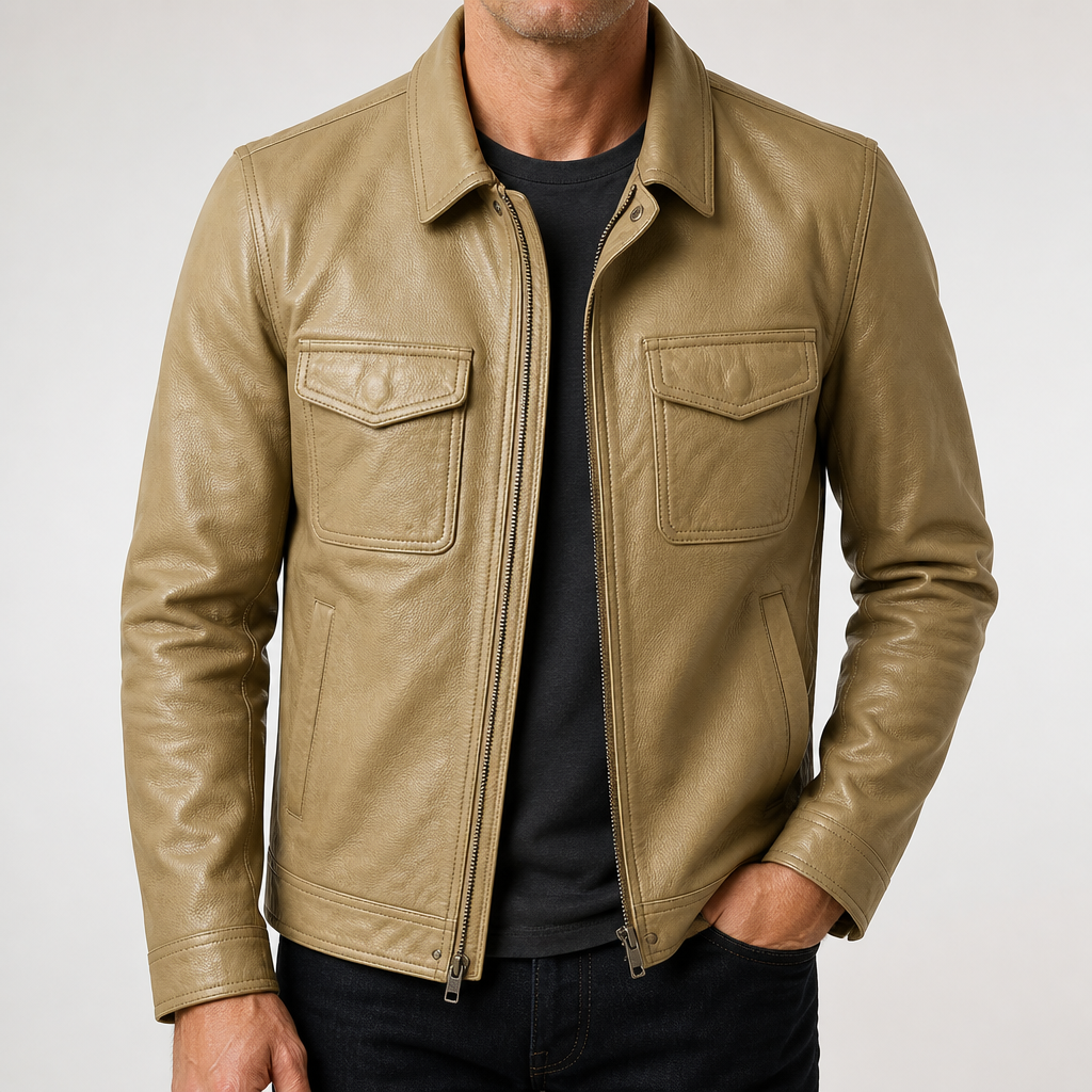 Garrick | Mens Leather Jacket Stand Collar Motorcycle Biker Jacket, Khaki