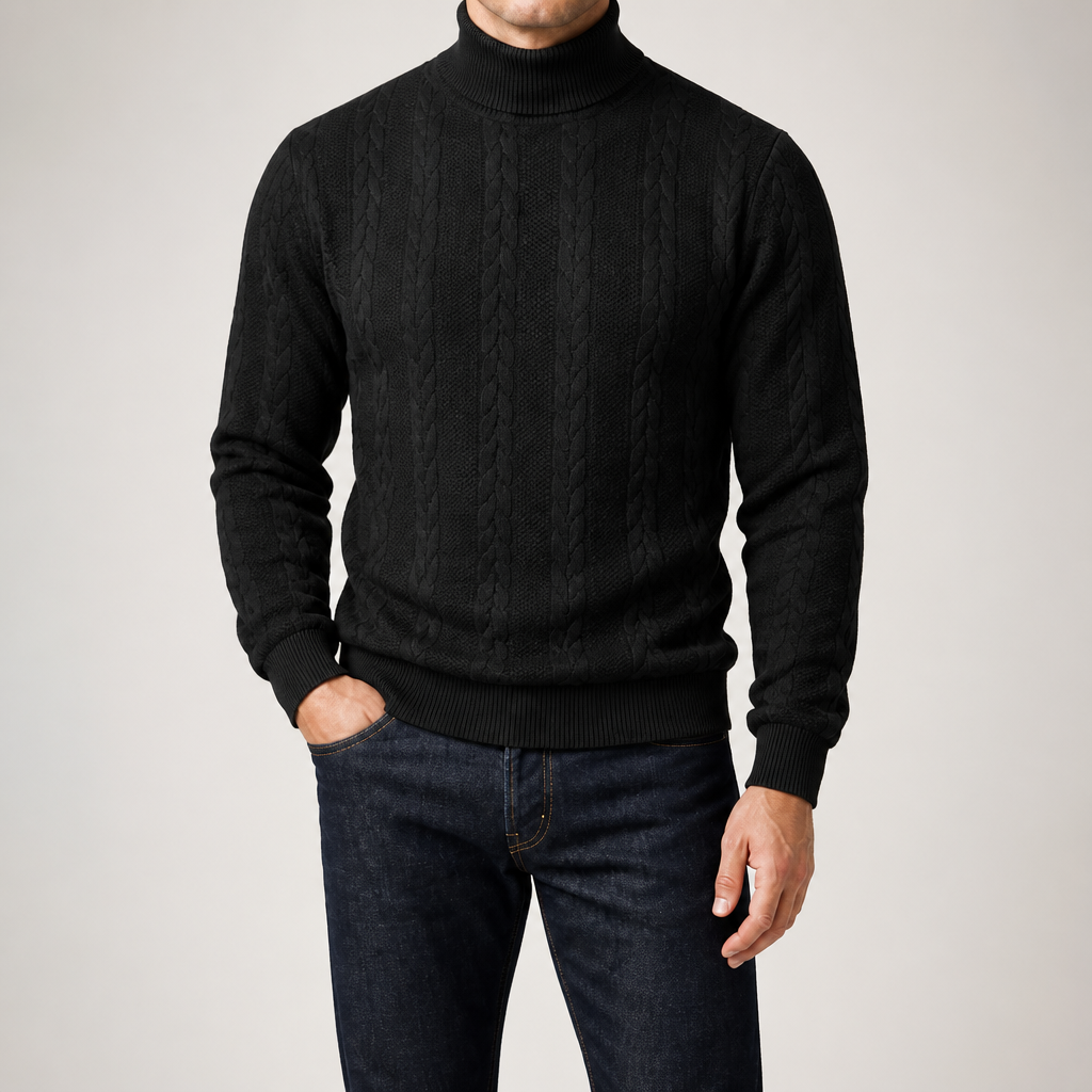 Garrick | Mens Knitted Warm High Neck Jumper Winter Sweater, Black
