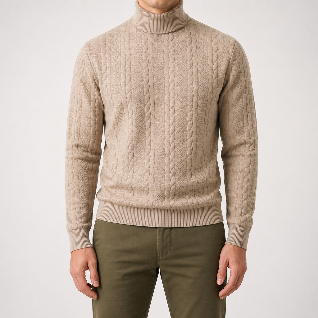 Garrick | Mens Knitted Warm High Neck Jumper Winter Sweater, Khaki