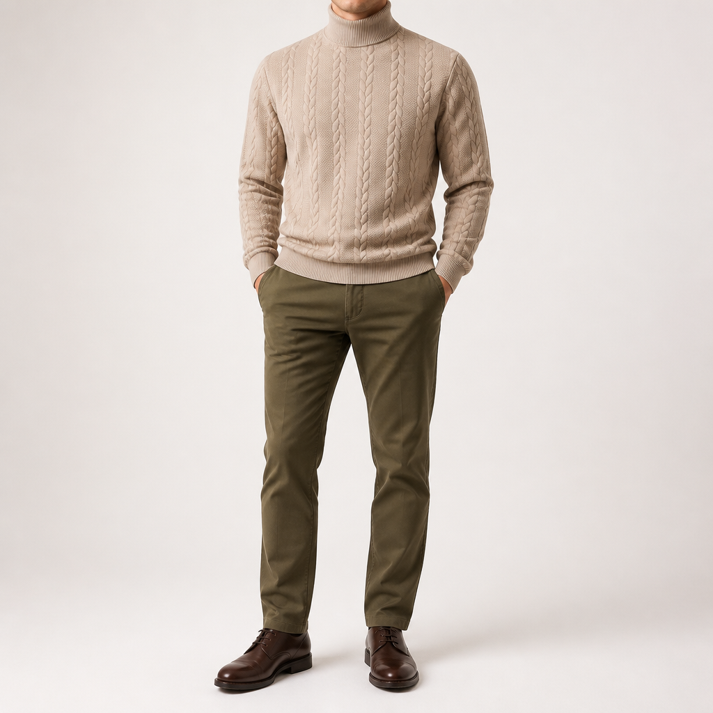 Garrick | Mens Knitted Warm High Neck Jumper Winter Sweater, Khaki