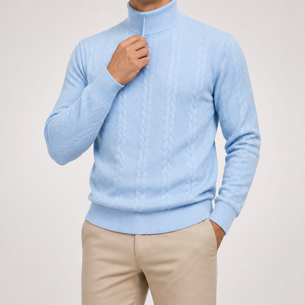 Garrick | Mens Knitted Warm High Neck Jumper Winter Sweater, Light Blue