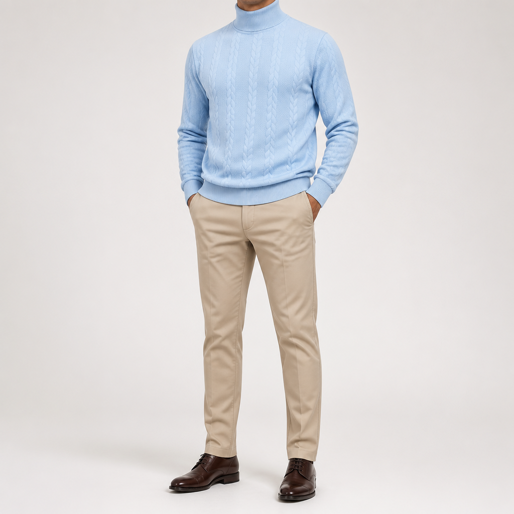 Garrick | Mens Knitted Warm High Neck Jumper Winter Sweater, Light Blue