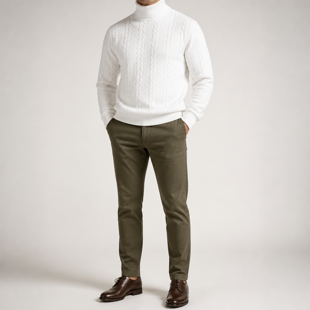 Garrick | Mens Knitted Warm High Neck Jumper Winter Sweater, White