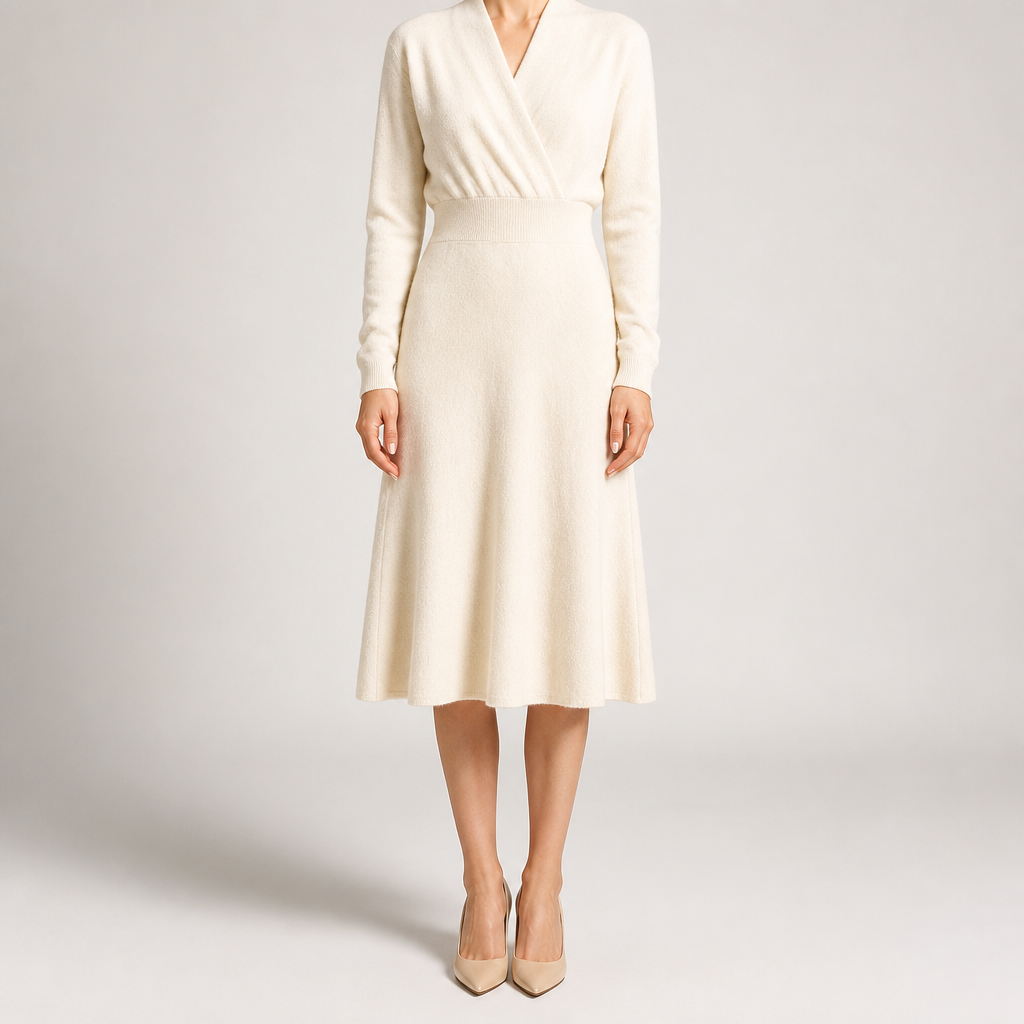 Genevieve | Womens Cashmere Knitted V Neck Midi Jumper Wedding Guest Dresses, Cream
