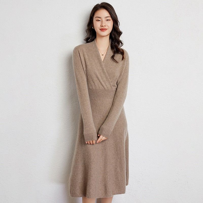 Genevieve | Womens Cashmere Knitted V Neck Midi Jumper Wedding Guest Dresses - Cream
