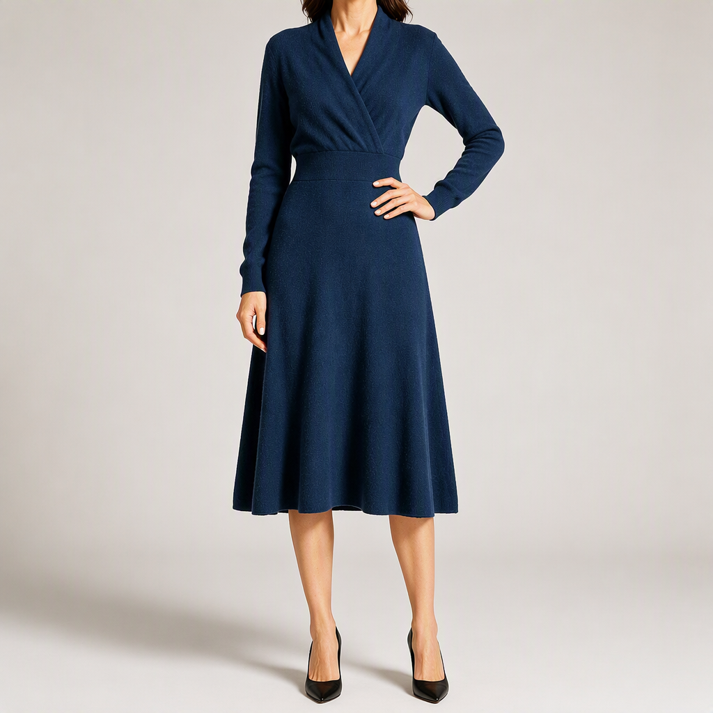 Genevieve | Womens Cashmere Knitted V Neck Midi Jumper Wedding Guest Dresses, Deep Blue