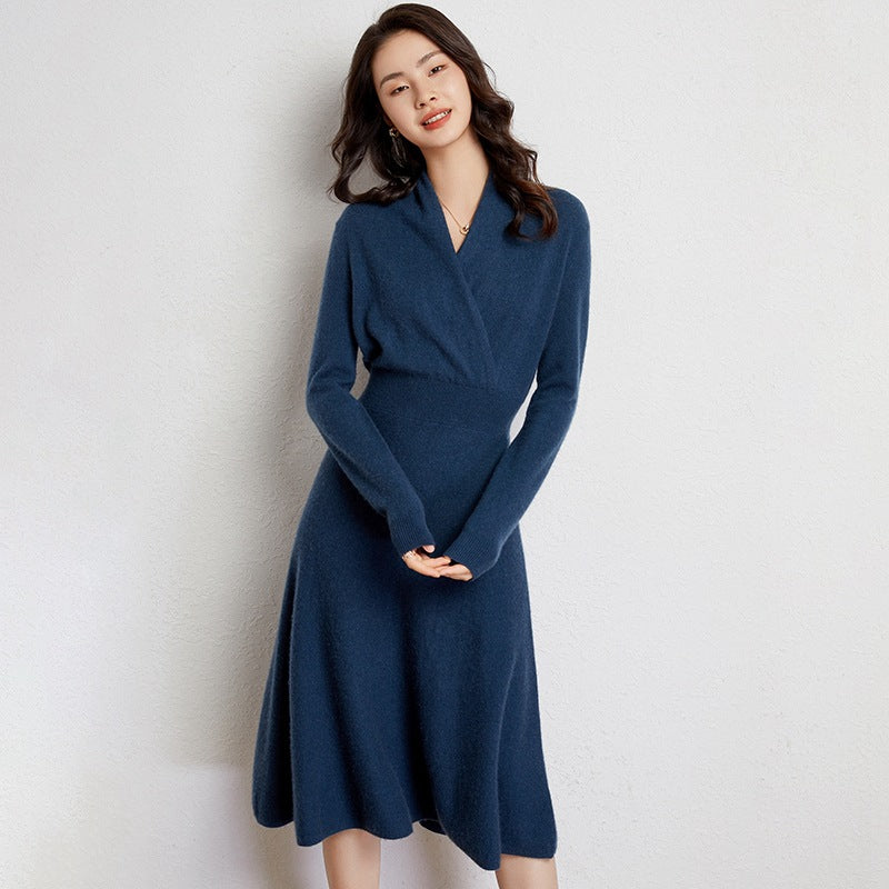 Genevieve | Womens Cashmere Knitted V Neck Midi Jumper Wedding Guest Dresses - Deep Blue