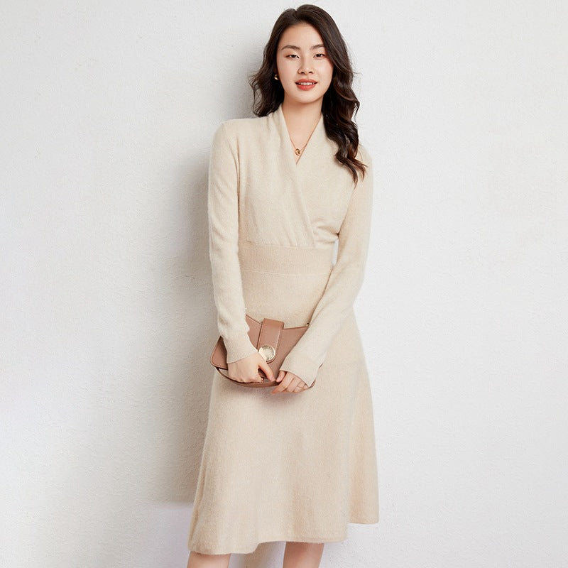Genevieve | Womens Cashmere Knitted V Neck Midi Jumper Wedding Guest Dresses - Light Beige