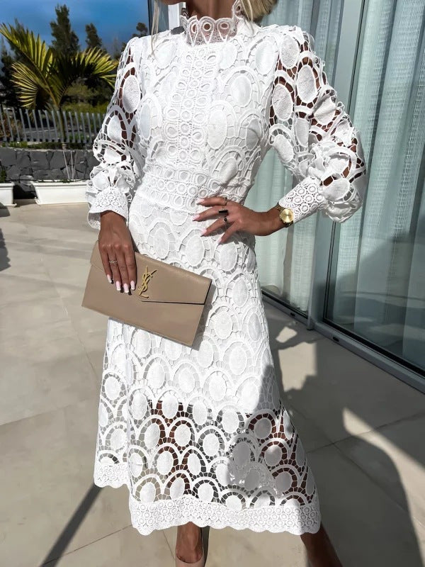 Genevieve | Womens Lace A Line Long Puff Sleeve Wedding Guest Elegant Dresses - 3