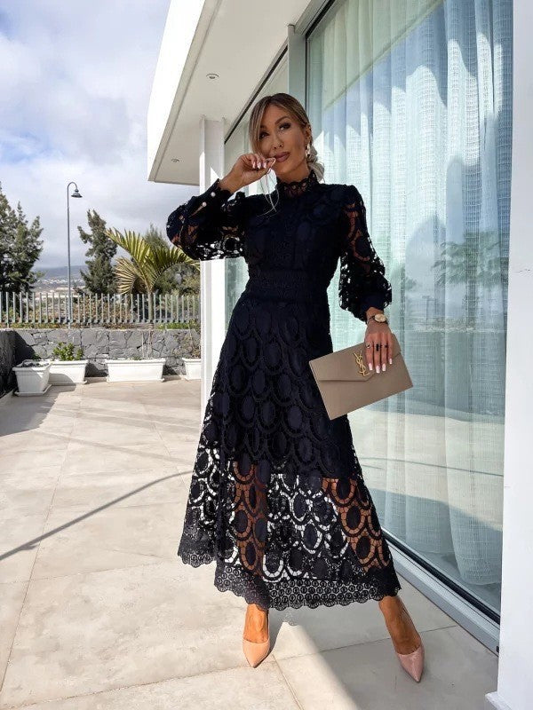 Genevieve | Womens Lace A Line Long Puff Sleeve Wedding Guest Elegant Dresses - 4