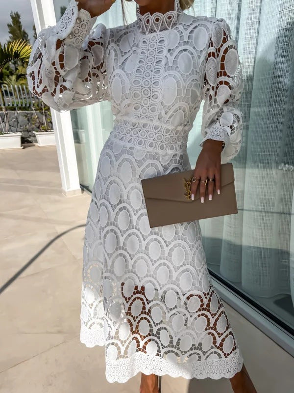 Genevieve | Womens Lace A Line Long Puff Sleeve Wedding Guest Elegant Dresses - 6