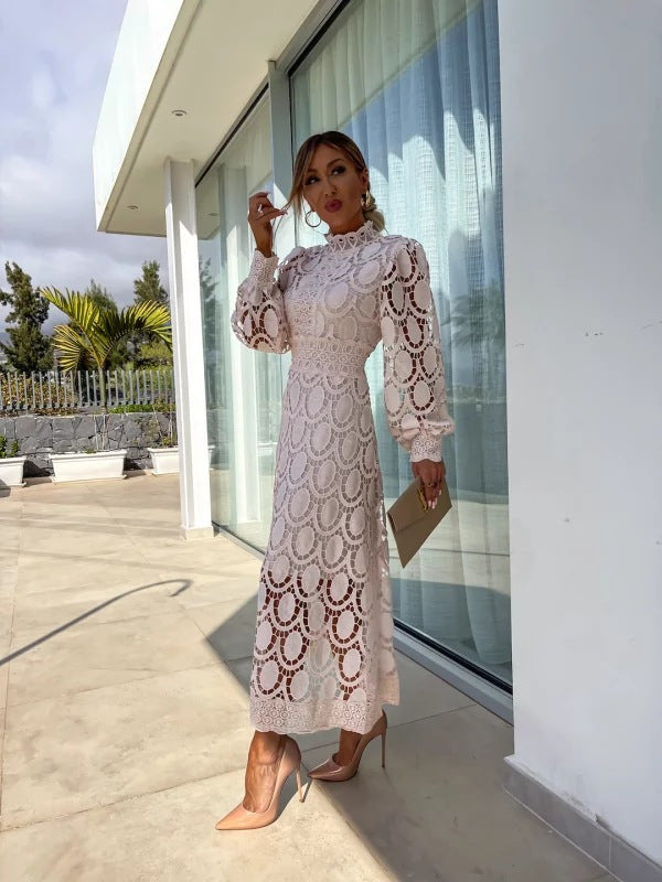 Genevieve | Womens Lace A Line Long Puff Sleeve Wedding Guest Elegant Dresses - 7