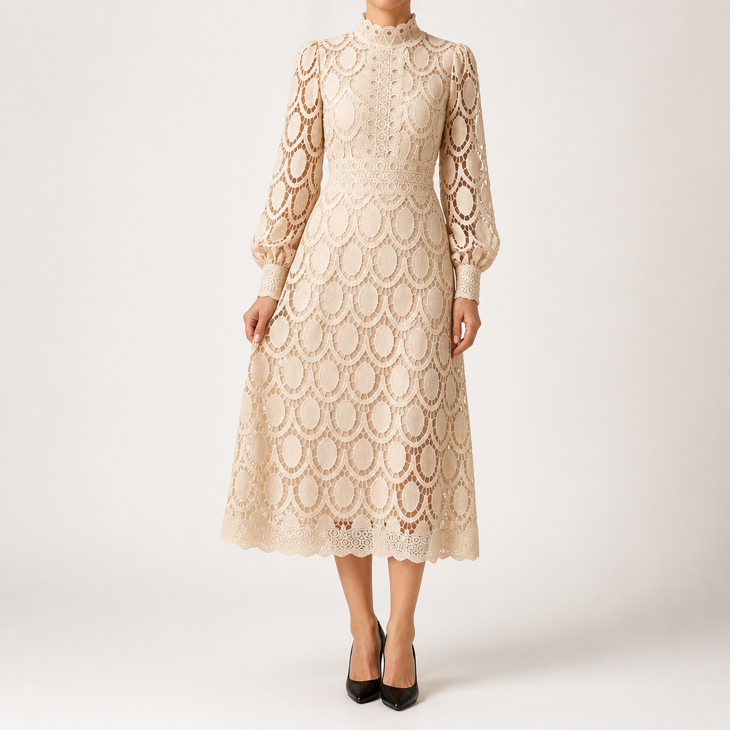 Genevieve | Womens Wedding Guest Lace A-Line Puff Sleeve Dresses, Apricot