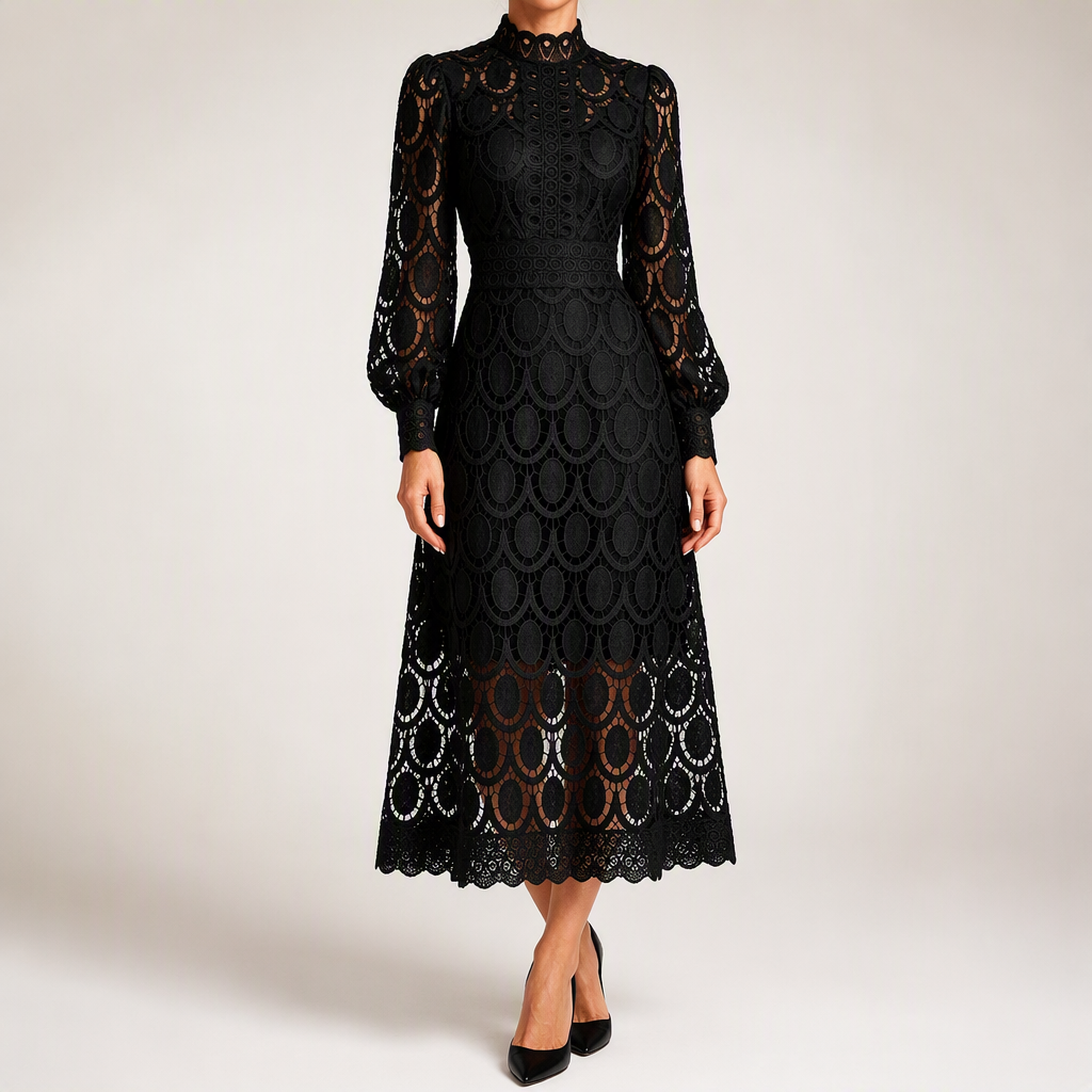 Genevieve | Womens Wedding Guest Lace A-Line Puff Sleeve Dresses, Black