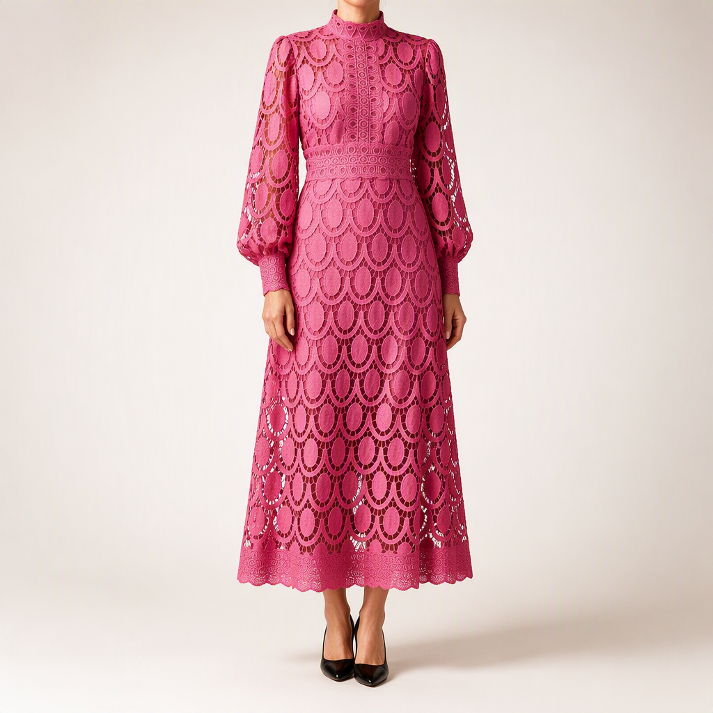 Genevieve | Womens Wedding Guest Lace A-Line Puff Sleeve Dresses, Rose