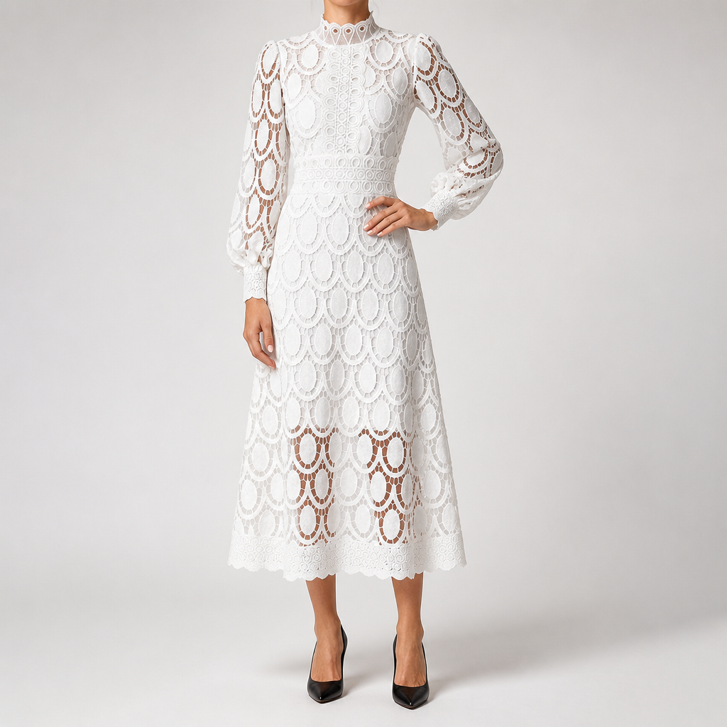 Genevieve | Womens Wedding Guest Lace A-Line Puff Sleeve Dresses, White