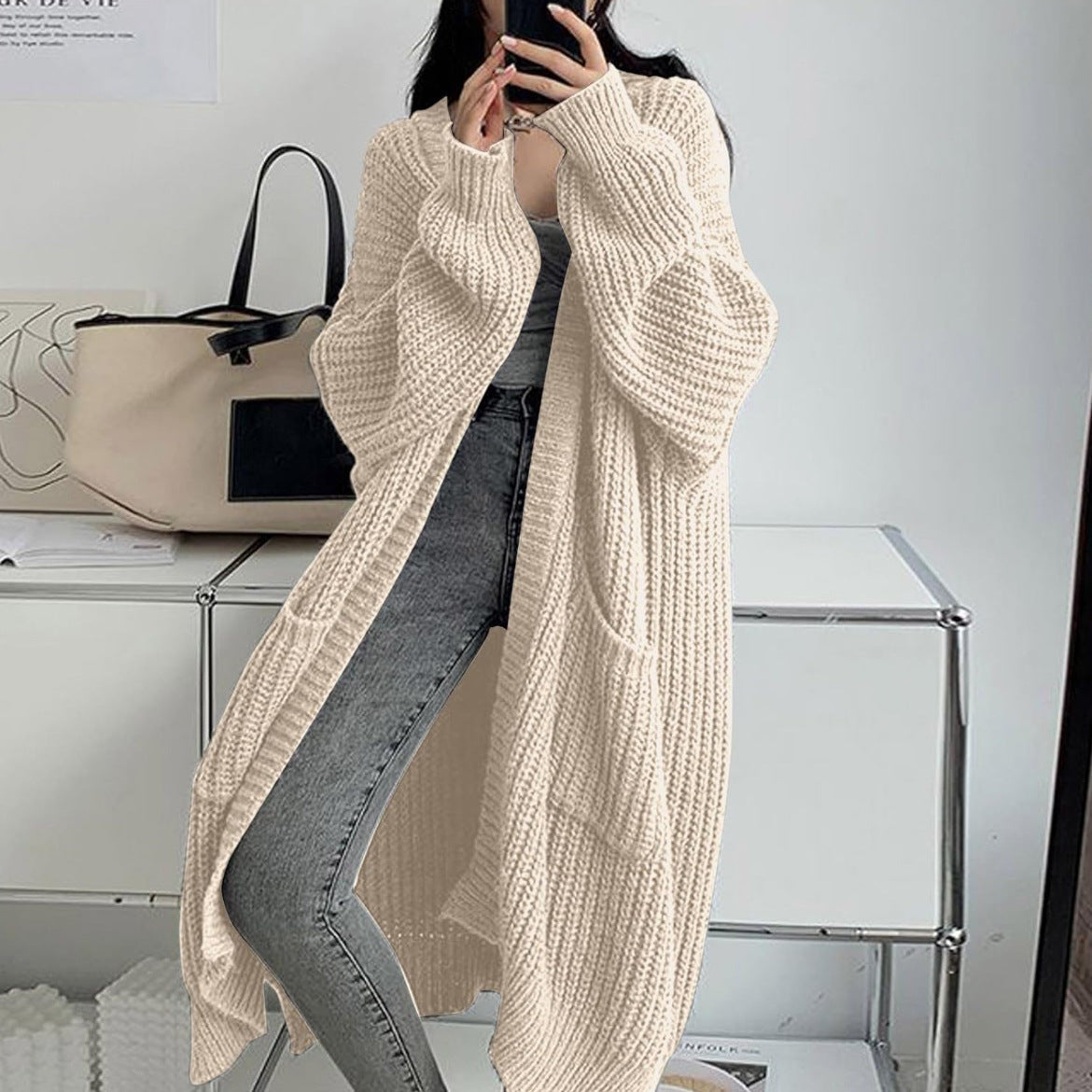 Genevieve | Womens Long Knitted Loose Thickened Winter Ladies Cardigan - Apricot