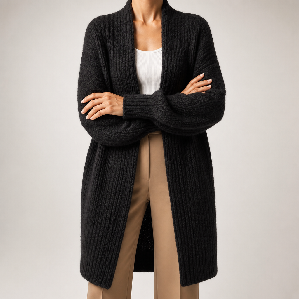 Genevieve | Womens Long Knitted Loose Thickened Winter Ladies Cardigan, Black
