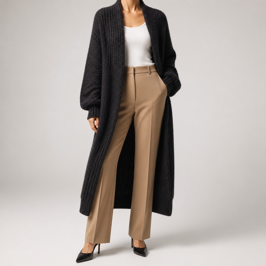 Genevieve | Womens Long Knitted Loose Thickened Winter Ladies Cardigan, Black