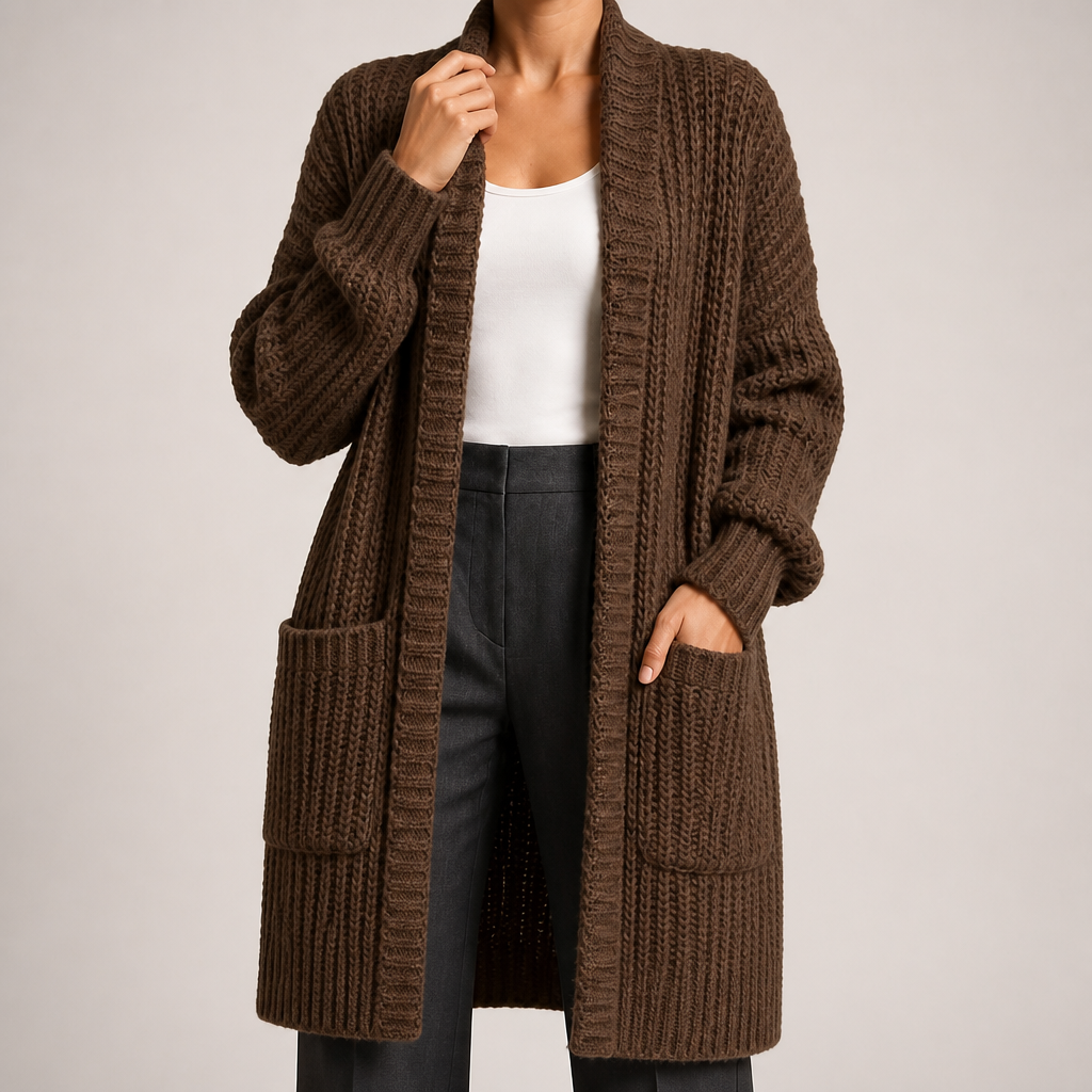 Genevieve | Womens Long Knitted Loose Thickened Winter Ladies Cardigan, Brown