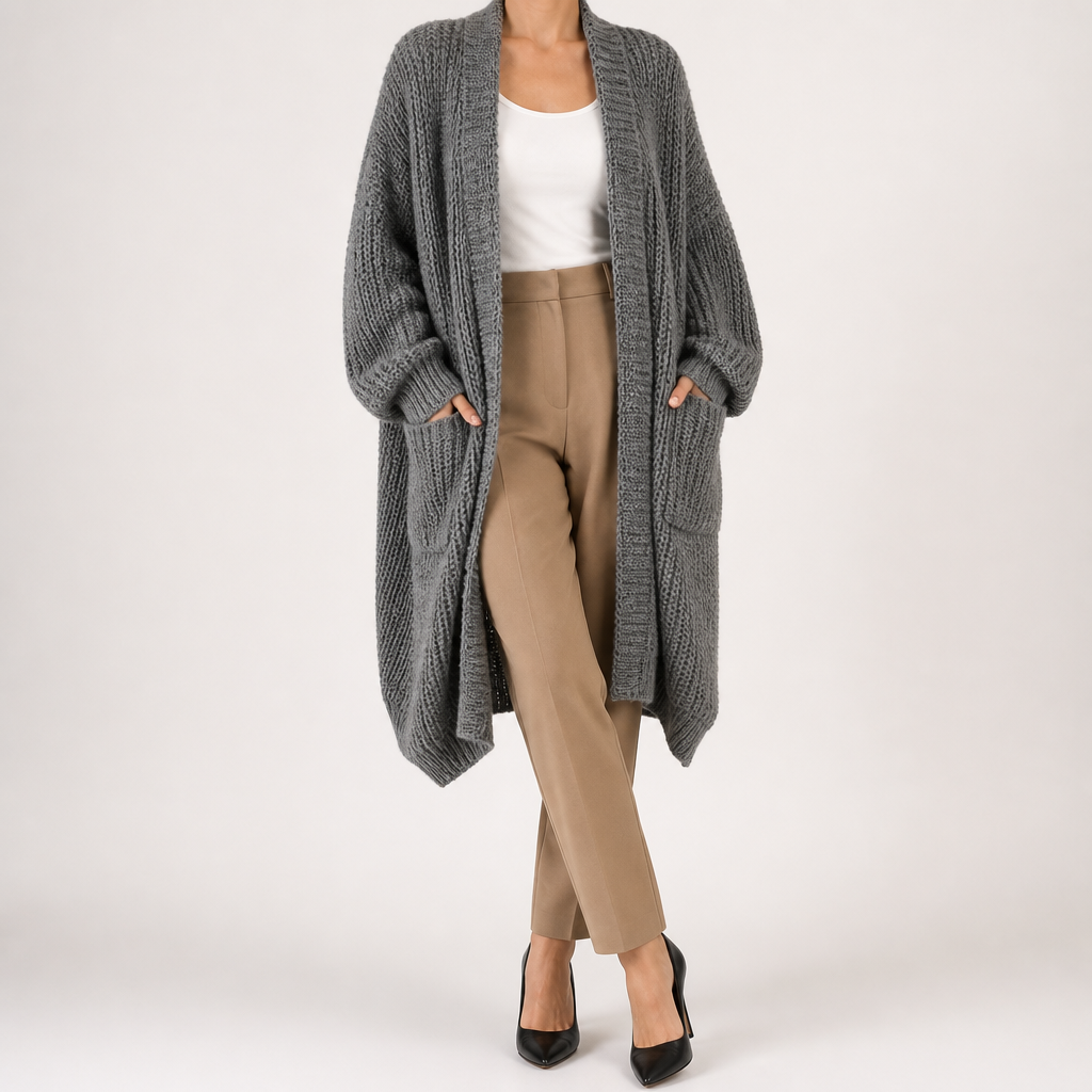 Genevieve | Womens Long Knitted Loose Thickened Winter Ladies Cardigan, Dark Grey