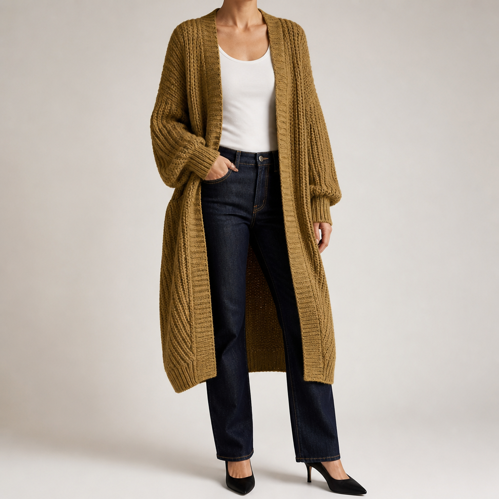 Genevieve | Womens Long Knitted Loose Thickened Winter Ladies Cardigan, Khaki