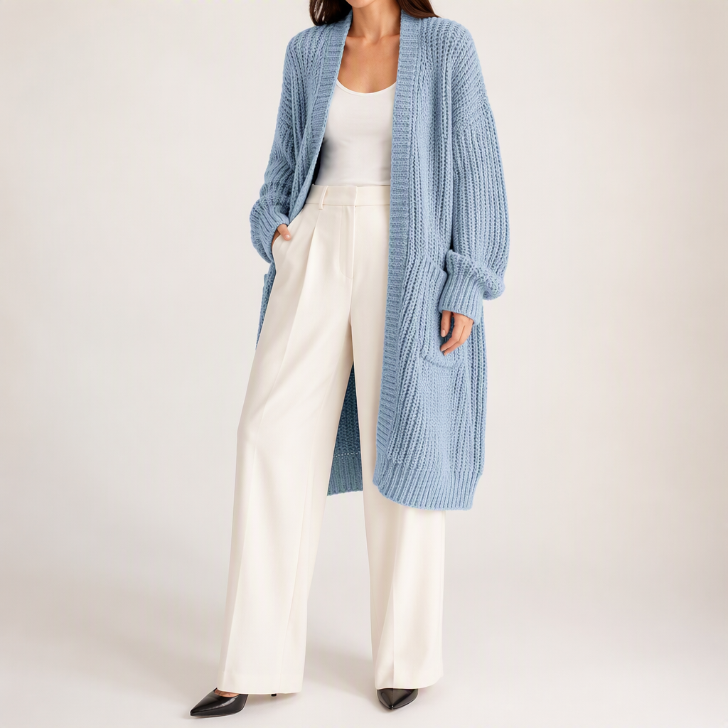 Genevieve | Womens Long Knitted Loose Thickened Winter Ladies Cardigan, Light Blue