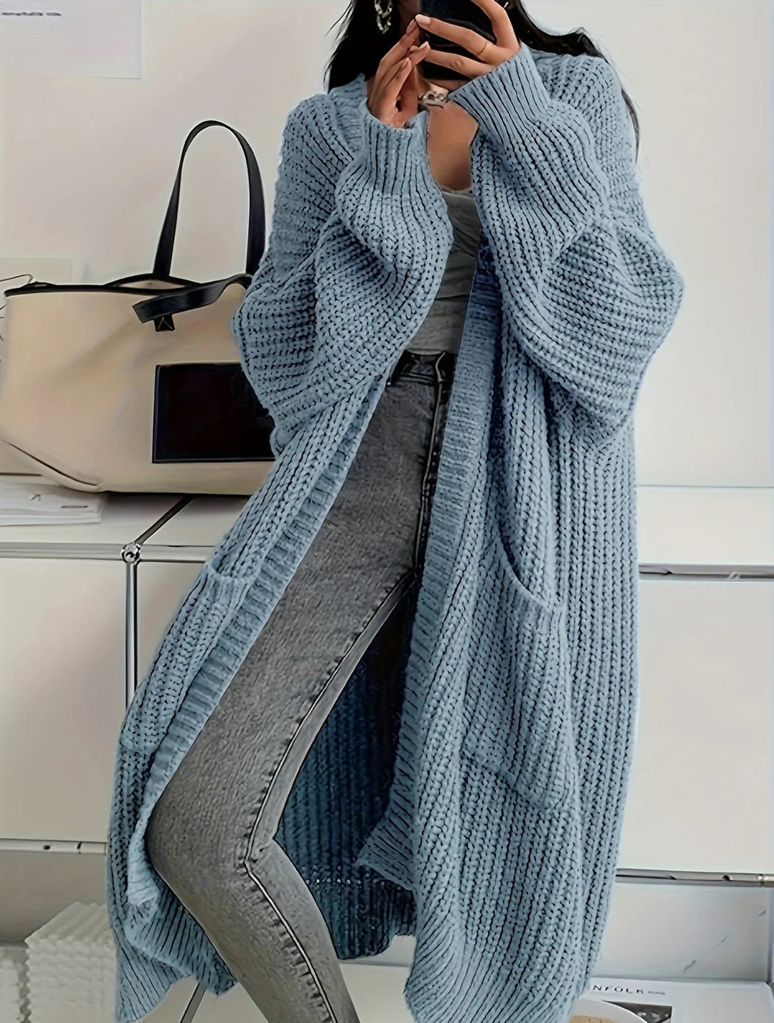 Genevieve | Womens Long Knitted Loose Thickened Winter Ladies Cardigan - Light Blue