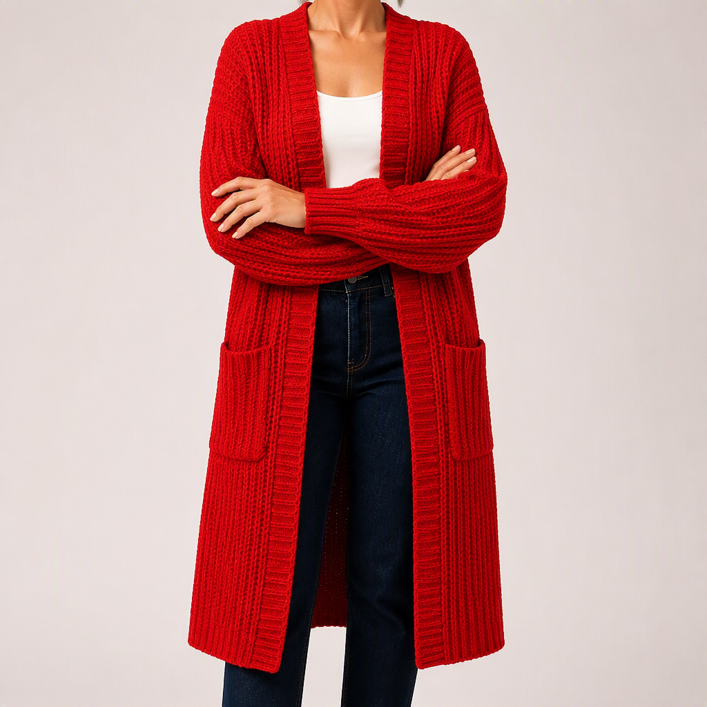 Genevieve | Womens Long Knitted Loose Thickened Winter Ladies Cardigan, Red