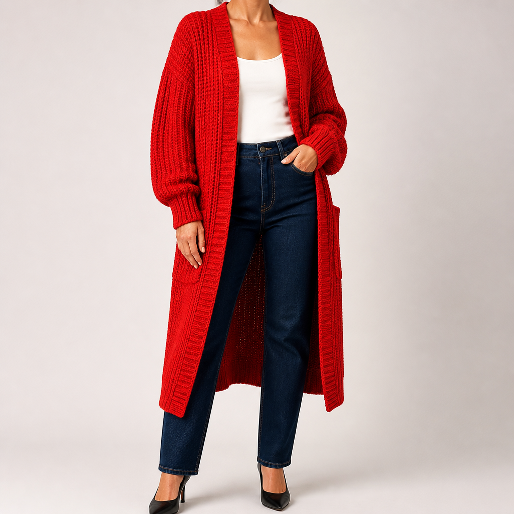 Genevieve | Womens Long Knitted Loose Thickened Winter Ladies Cardigan, Red