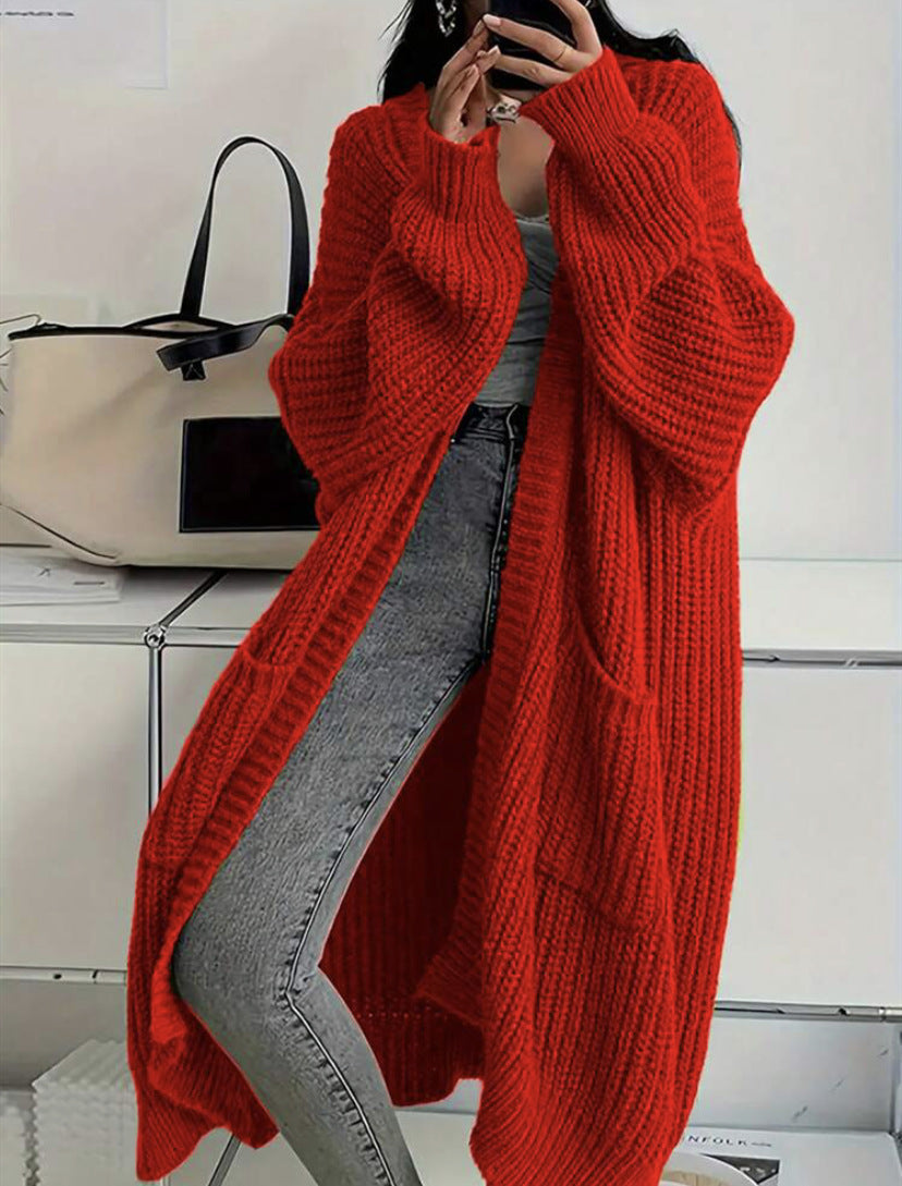 Genevieve | Womens Long Knitted Loose Thickened Winter Ladies Cardigan - Red